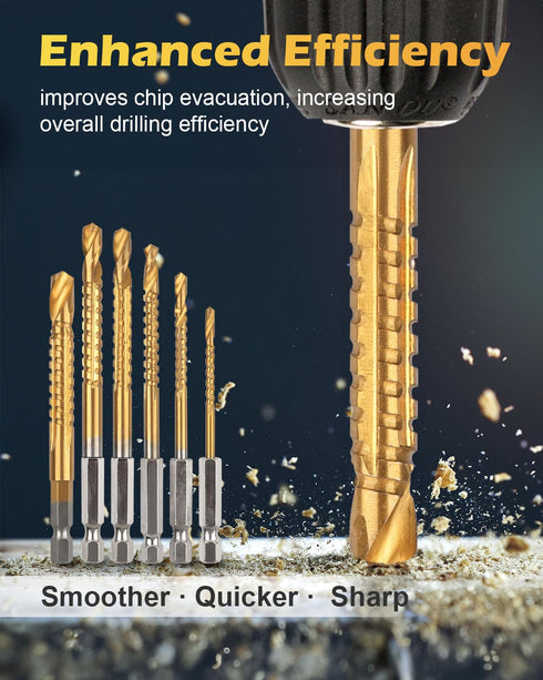 6 Pack Titanium Coated HSS Twist Drill Bit, 3-8mm Hex Shank for Wood Metal Plastic Hole Cutting