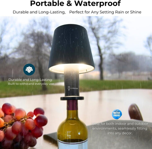 Dimmable VINOWAKE Glovi Premium Wine Bottle Lamp by LINKSTYLE White Lights, Rechargeable & Waterproof, Indoor/Outdoor