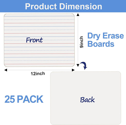 Dry Erase Boards for Kids 25 Pack, Double Sided Small Whiteboard with Lines for Students, 9"x12" Mini Boards