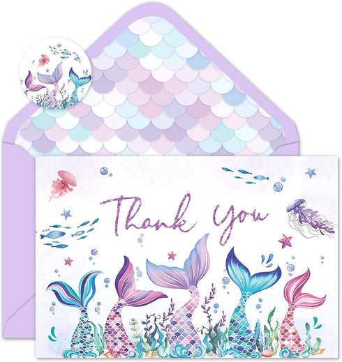 Whaline 50 Pcs Mermaid Thank You Cards Greeting Cards Purple Glitter Boxed