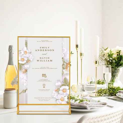 KILY-WILY 5X7 (Pack 6) Clear Acrylic Sign Holder Gold Picture Frames, Double Sided Menu Display Stand for Weddings