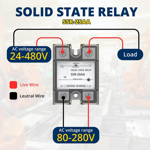 SSR-25AA Solid State Relay: AC to AC, Input 80-280V AC, Output 24-480V AC for Industrial Automation