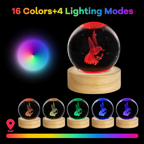 PYMIN3D 3D Hummingbird 2.4in Hummingbird 16 Hummingbird Hummingbird Crystal Ball Night Light Figurines Decor Table Lamp