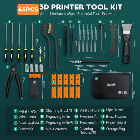 3D 45PCS 3D Nozzle Printer Tools Kit, Printing Accessories for FDM/SLA Printer with Cleaning Tools, Removal Scraper