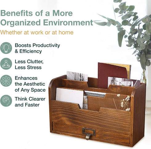Mahogany Wood Wood Desktop File Organizer - Vertical Folder Sorter with 3 Document Compartments & 1 Paper Tray Drawer