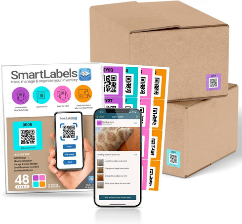 QR Code Smart Labels, Color Coded Scannable Stickers for Storage Bins, Moving Containers & Organization, Pack of 48