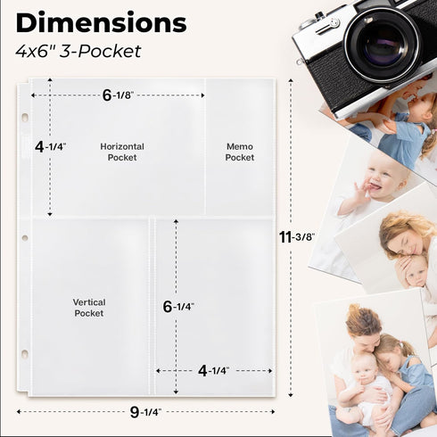Dunwell Photo Sleeves for 3-Ring Binder, 4x6 Mixed Format, 25 Pack for 150 Pictures, Acid-Free Poly