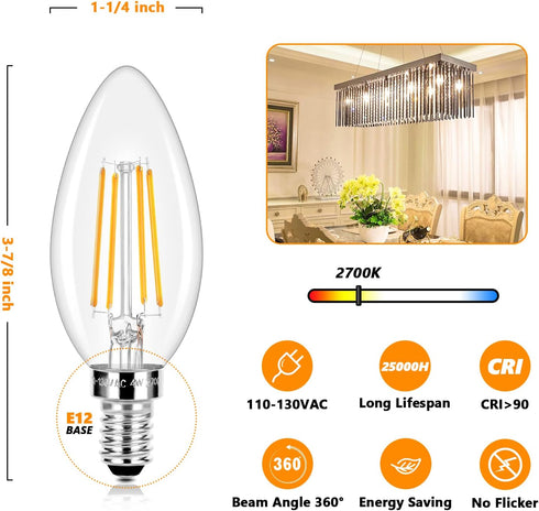 E12 LED Candelabra Bulbs 40 Watt Equivalent, 4W Vintage Candle Light Bulbs, 470Lm Warm White 2700K Edison Bulbs for Ceiling Fan, Filament Clear Glass Type B Lamp Bulbs for Chandelier (5 Packs) by Brightever