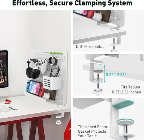 Clamp-on Desk Pegboard, Steel Desktop Organizer, Magnetic Metal Peg Board for Gaming & Office, No-Drill, White