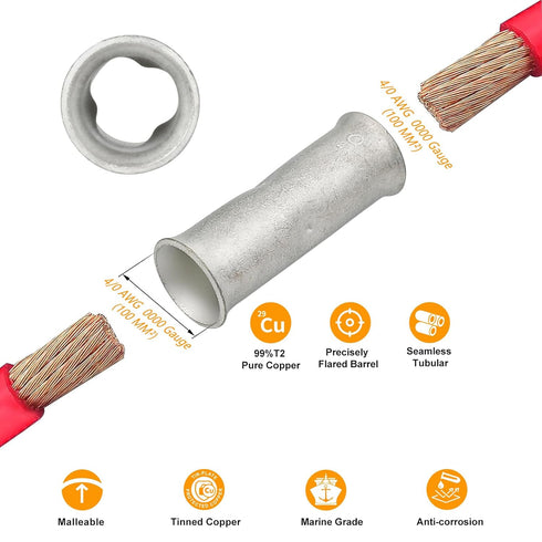 SVAAR 4/0 Gauge Butt Splice Connectors, 6 PCS Non-Insulated Crimp Wire Butt Connectors with 6 PCS Heat Shrink Tube