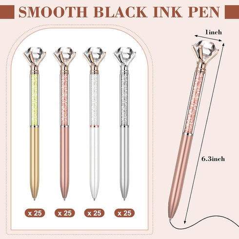Sherr 100 Pack Big Crystal Diamond Pens, Cute Ballpoint Pens, Rhinestones Crystal Bling Gem Plated, Classic