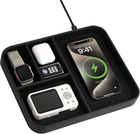 VOVIPO Birthday Gifts Bedside Organiser-Faux Leather Valet Tray With Wireless Charger For Phone And Earbuds,Nightstand