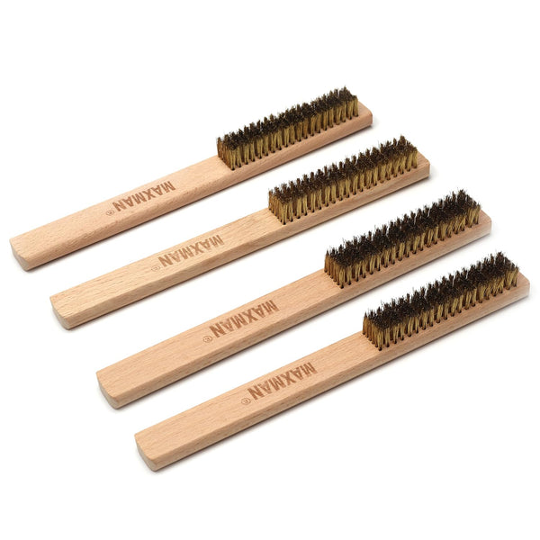 MAXMAN Brass Brush Set 4Pcs, Soft Brass Bristle Wire Brushes with 10 Inch Beechwood Handle, Metal Brush for Cleaning