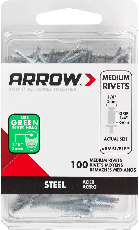 Arrow Fastener RMS1/8IP Medium Steel 1/8-Inch Pop Rivets for Metal, Fabric, Leather, Auto Repair, 100-Pack