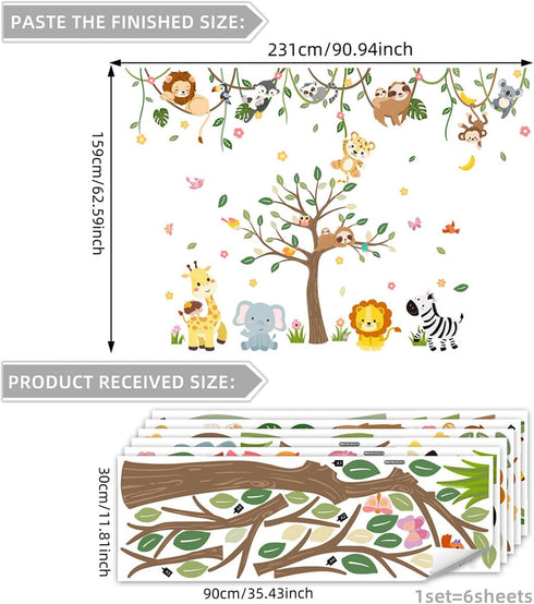 CharmFlo 62.59x90.94 Large Jungle Safari Wall Decals Animals Climbing Trees Removable Peel and Stick Wall Art