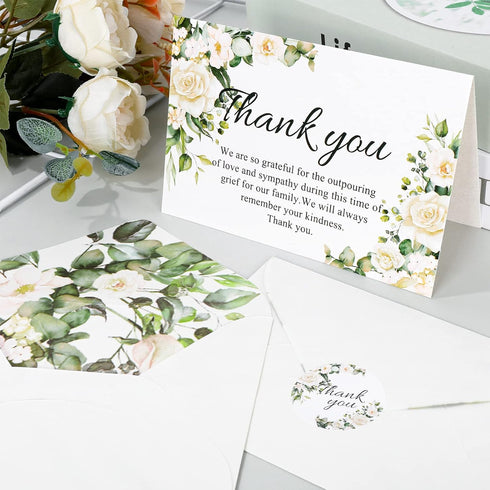 48 Pack AnyDesign Funeral Thank You Cards White Rose Sympathy Thank You Cards with Seal Stickers Envelopes Floral