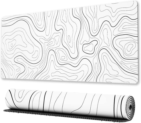 Ovenbird Large Gaming Mouse Pad with Stitched Edges, Minimalist Topographic Map Desk Mat, Extended XL Mousepad with Anti-Slip Base, Cool Desk Pad for Keyboard and Mouse, 35.4 x 15.7 in, White