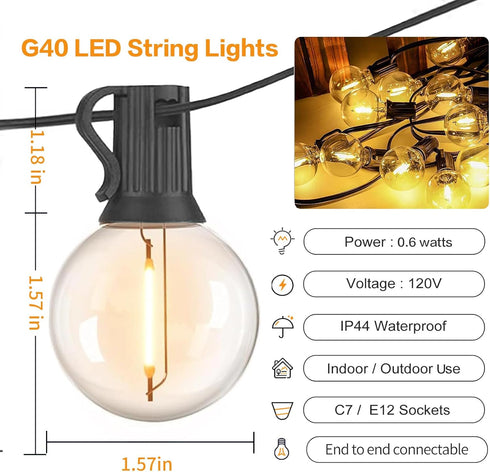 25FT, G40 27 Bulbs, Outdoor String Lights LED Patio Globe Lights with Shatterproof Waterproof Connectable Hanging