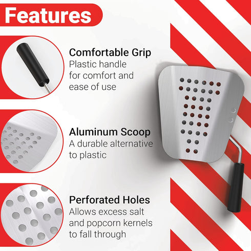 Poppy's Large Aluminum Popcorn Scoop - Kernel Sifting Speed Scoop for Home and Commercial Use
