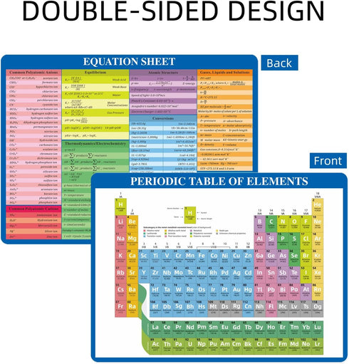Dinggaogao 2-Pack (8.2x11.2 Inch) Science Poster for Students: Laminated Periodic Table & Equation Sheet Double-Sided