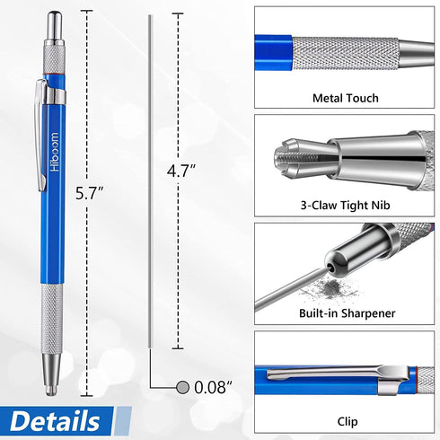 Hiboom 2 Pcs Welders Pencil with 24 Pcs Silver Round Refills, Mechanical Pencils with Built-in Sharpener for Fabrication