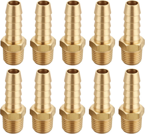 3/8 Inch Hose Barb to 1/4 Inch NPT Male Thread - Brass Air Hose Barb Fittings, 10 Piece