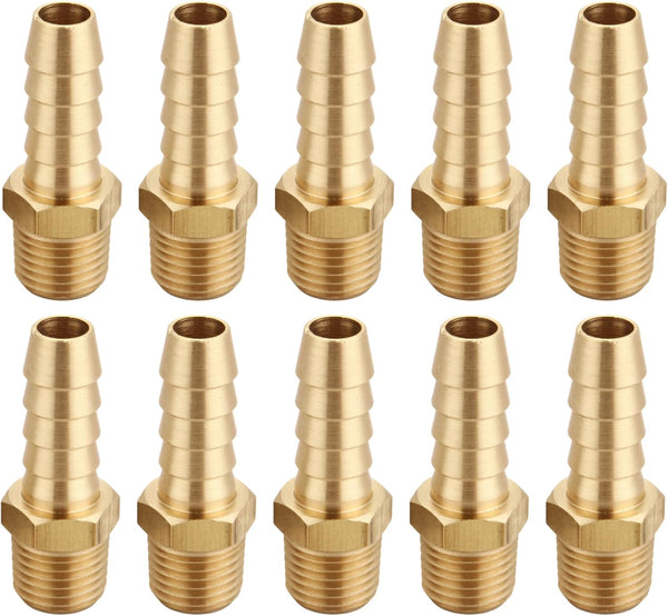 3/8 Inch Hose Barb to 1/4 Inch NPT Male Thread - Brass Air Hose Barb Fittings, 10 Piece