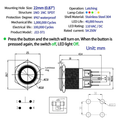 Push Button Switch 22mm Latching 110V/120V 1NO 1NC SPDT Waterproof Industrial Switches with Wire (Blue)