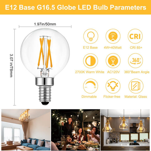BRIMAX 10 Pack G16.5 Light Bulbs,Dimmable 4W E12 LED Bulbs Equivalent 40W Bulbs,Small Globe Edison Bulb 2700K Warm White,AC120V,Flicker Free for Ceiling Fans Pendant Chandelier Bathroom Vanity by BRIMAX