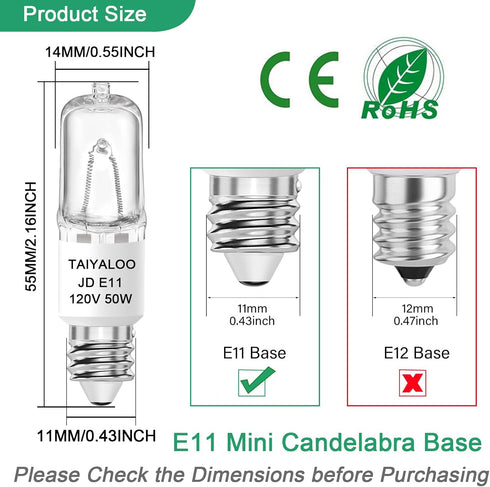 JDE11 120V 50W Bulb E11 Bulb), T4 4 Pack E11 Bulb 2700K Dimmable TAIYALOO Halogen (Replacement LED Mini Candelabra