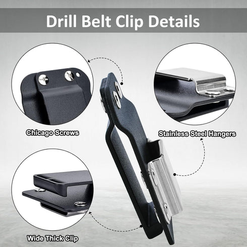 DrillCatcher Drill Holder for Tool Belt, Quick Response Low-Profile Clip for Up to 2" Belt, Compatible with Tools
