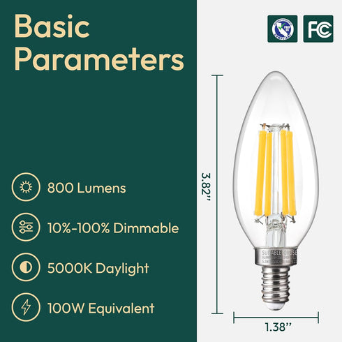 6 Pack Bulbs 100 800LM Dimmable Bulb, E12 5000K B11 5.5W, ALAMPEVER Chandelier Light Watt Equivalent, Bright LED Light