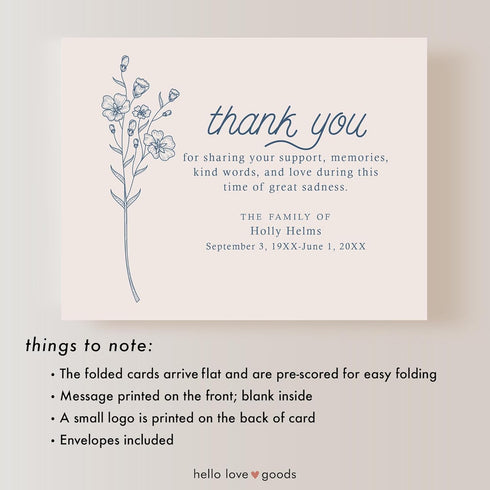 5.5x4.25 (A2) Folded Funeral Thank You Cards, Simple Blue Wildflower Personalized Sympathy Thank You Cards