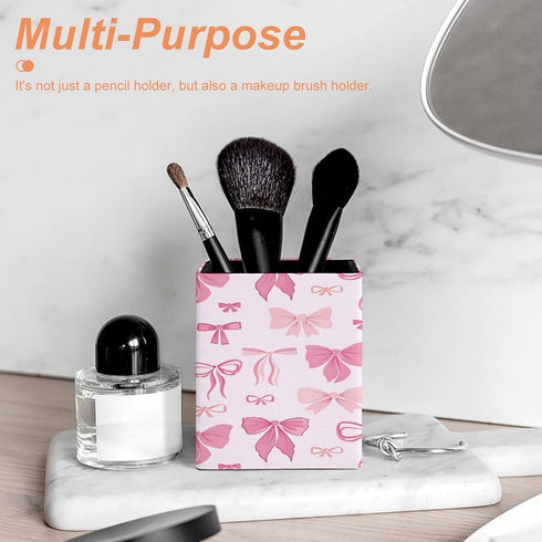 DOHTDGT 4.3" Pink Bow Tie PU Leather Pen Holder for Desk, Pencil Cup Makeup Brush Holder, Desk Organizer for Office