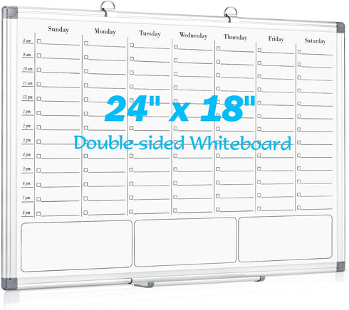 White Board Dry Erase Board for Wall, 24" x 18" Magnetic Calendar with Hourly Time Slots, Double-Sided for Office,