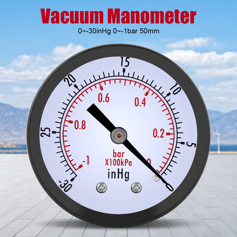 Mini Vacuum Pressure Gauge, 1/4" BSPT Thread, Dual Scale Vacuum Gauge for Water, Oil, Air, 0~-30inHg/0~-1bar Range