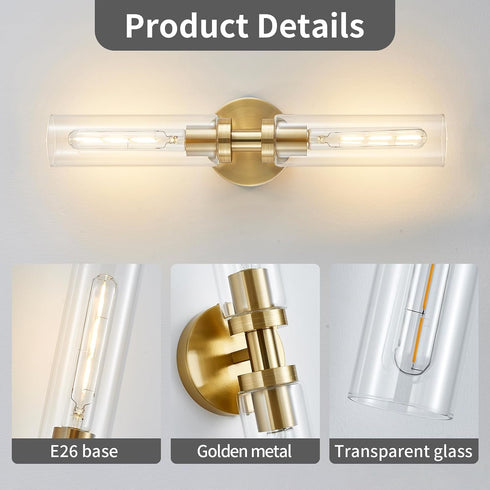2-Light Lanhall Brushed Brass Gold Bathroom Light Fixtures Over Mirror Modern Vanity Light Wall Lighting with Clear