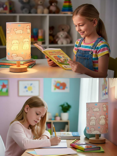 HYLING 3 9 Cat Lamp, Kitty Night Light, Color Changing LED Night Light with Brightness Levels Wood Nightstand Desk Base