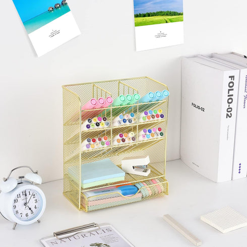 Spacrea Mesh Pen Organizer, Pencil Holder for Desk, Desk Organizer with Drawer for School, Home, Art Supplies, Gold