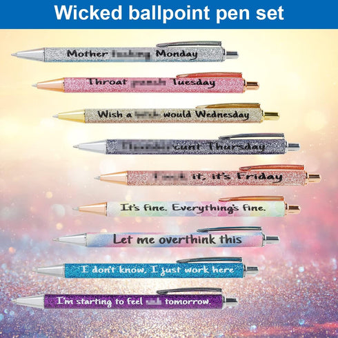 HOTBEST 9 Pcs Funny Seven Days of The Week Pen Describing Mentality, Fun Ballpoint Pens Daily Pen Set, Weekday Vibes Glitter Pen Set (9pcs) by HOTBEST