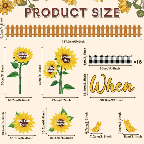 Sunflower Bulletin Board Decoration Set, Summer Sun Flower Cutouts with Motivational Sayings, Butterflies, Fences for