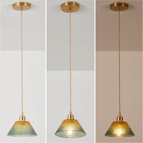 YJQHXY E26 4.72" 6.56 Amber-Green Stained Glass Cone Pendant Light, Fluted Shade, Brass Socket with Ceramic Core, US