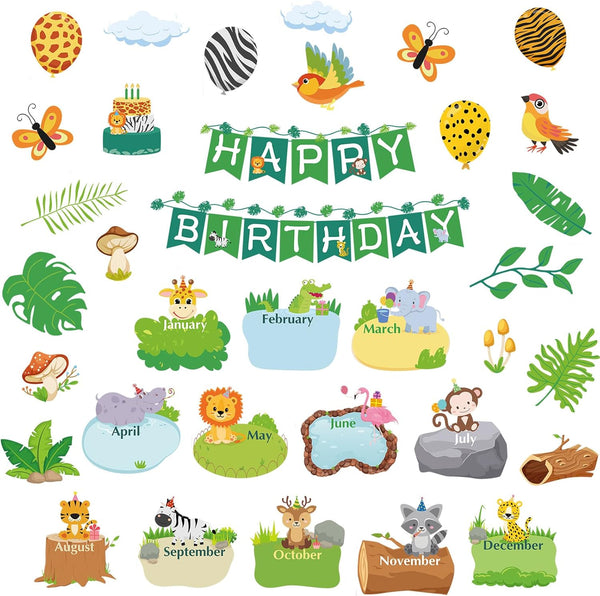 Sepamoon 35 Pcs Happy Birthday Posters, Safari Jungle Animals Bulletin Board Set for Classroom Birthday Decoration