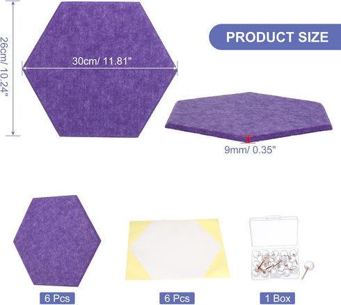 PATIKIL Felt Bulletin Board, 12"x10", 6 Packs Self Adhesive Hexagon Felt Tiles for Sound Proofing Wall Panels for Home Office Recording Studio,Game Room, Purple by PATIKIL