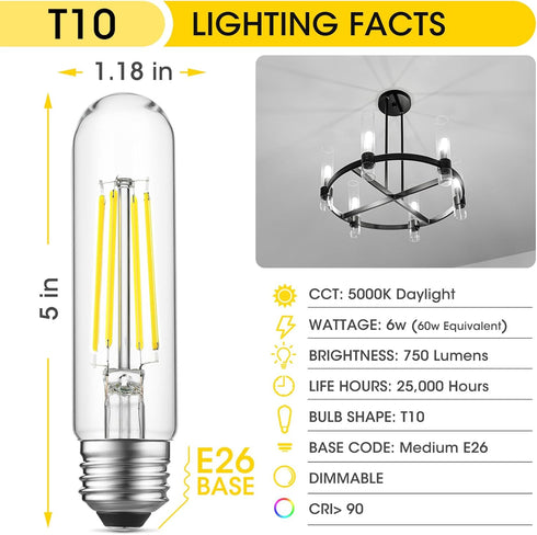 E26 LED Bulb 6W Equal 60 Watt Light Bulbs Daylight 5000K E26 Edison Bulb AC120V 750lm Dimmable 5 Inch Long Tubular T10 LED Bulb for Rustic Pendant, Chandeliers, Wall Sconces, Pack of 6 by Gozelux