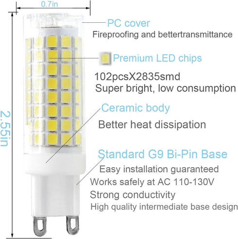 XRZT G9 Bulbs 6000K(7W) 60W 75W T4 750Lm AC120V G9 Bulbs Dimmable, 5 Pack Led White Halogen Equivalent, Base Chandelier