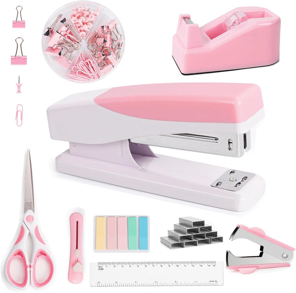 Pink Office Supplies Kit, Cute Desk Accessories for Women, Stapler and Tape Dispenser Set with Staple Remover, Clips,
