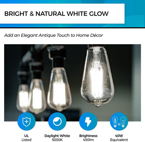 Bulb Dimmable, 4W 40W, 5000k E26 Bulbs, 450LM, 95+ Pack 6 Hizashi Vintage LED Edison Equivalent Daylight, Base Led