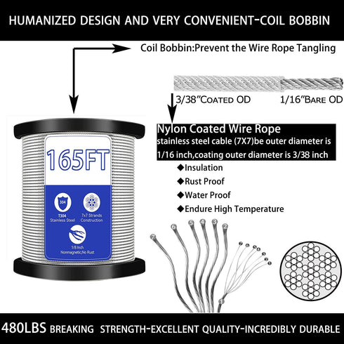 1/16 50M/165FT (50M, 165FT, 80) Wire Rope Kit,String Light Hanging Kit , Outdoor Light Guide Wire, Vinyl Coated