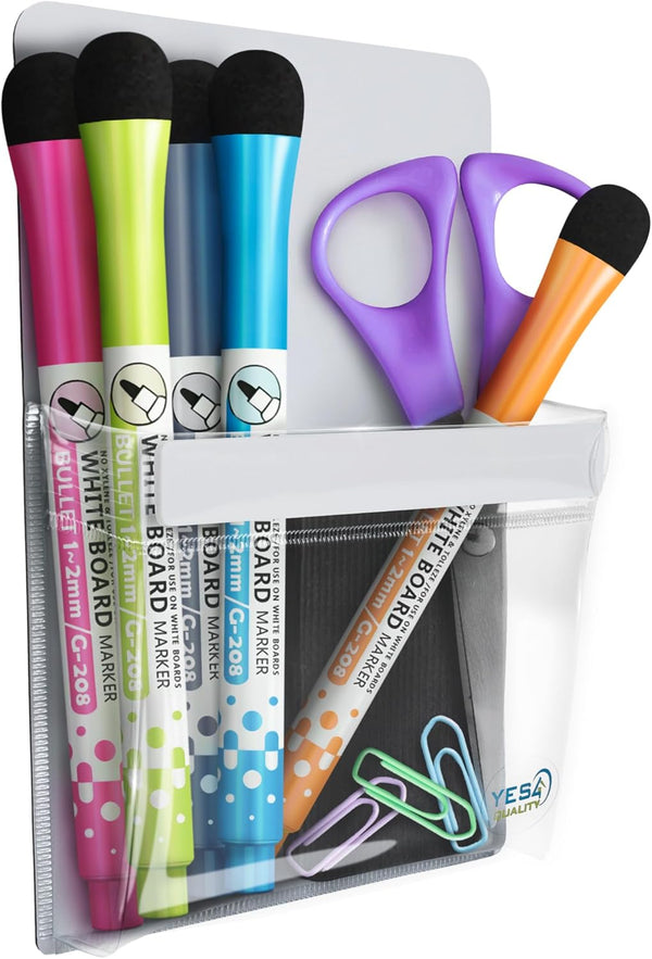 YES4QUALITY Magnetic Pen Holder for Refrigerator, Strong Magnetic Back, Dry Erase Marker Holder, Clear & White Pencil